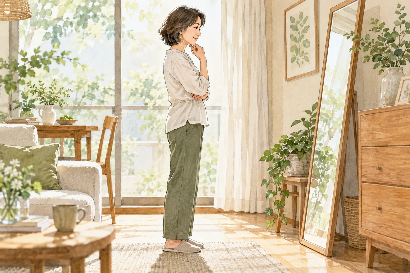 明るい室内で、自分の立ち姿を穏やかに確かめる50代後半の女性のイラスト。