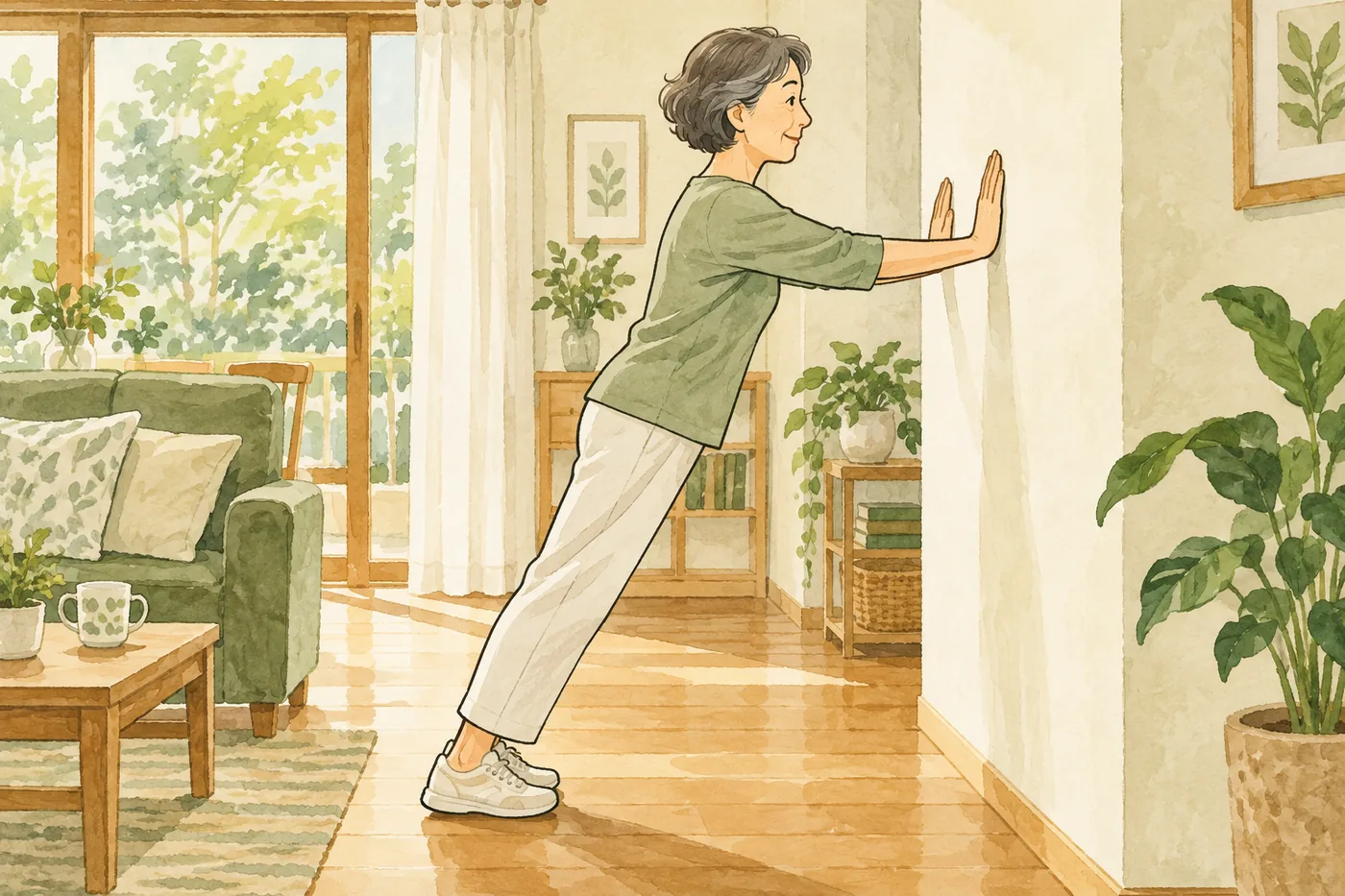壁に手をついて、ゆっくり壁を押す60歳前後の女性のイラスト。