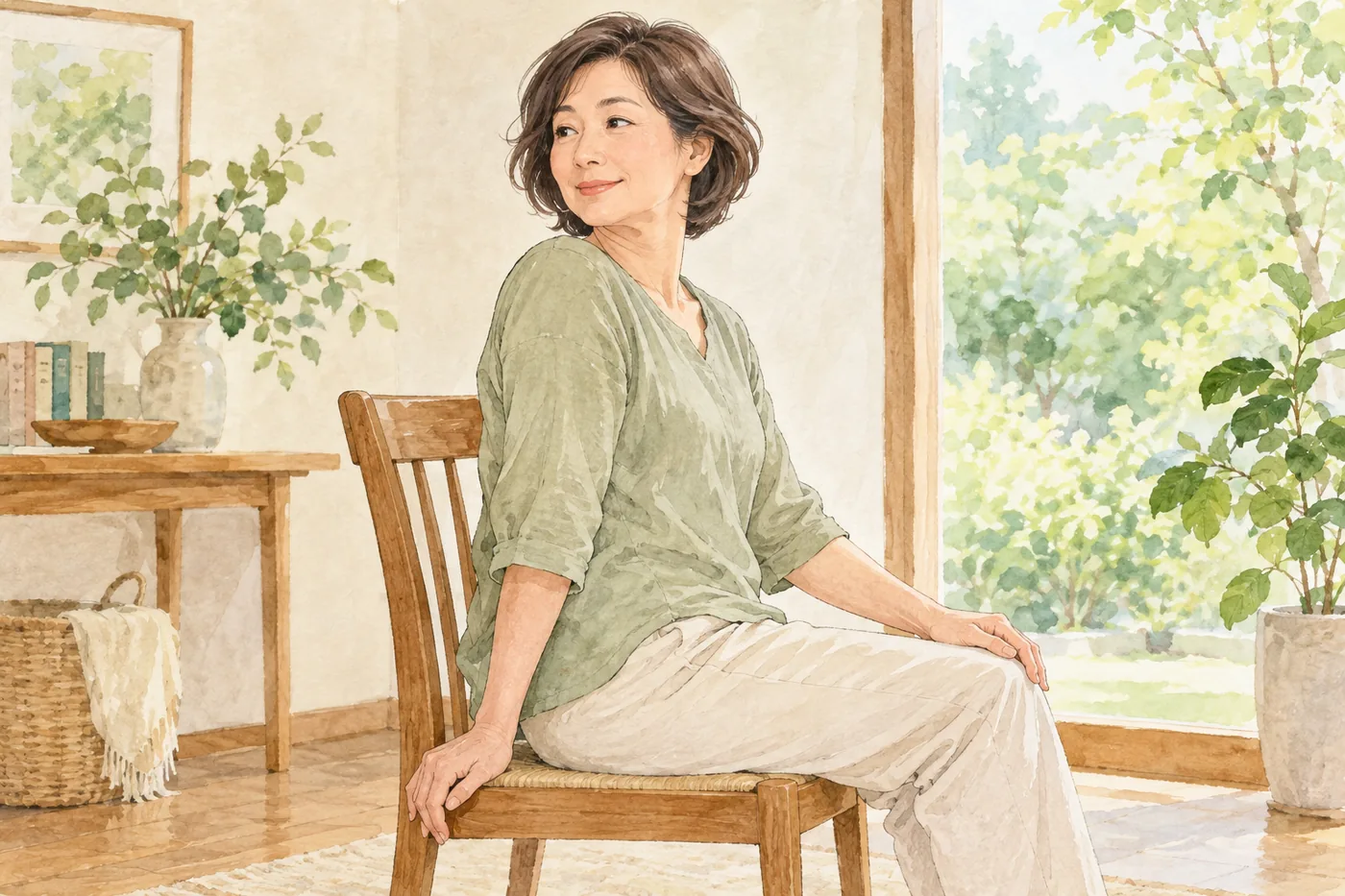 椅子に座り、肩の力を抜いて後ろを振り向く女性の横向きイラスト。