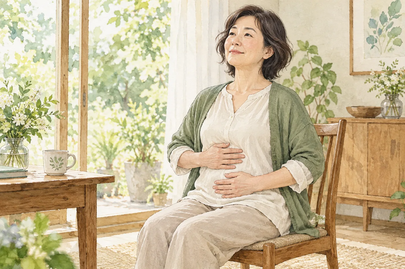 椅子に座り、肋骨とお腹に手を添えて呼吸を感じる女性のイラスト。