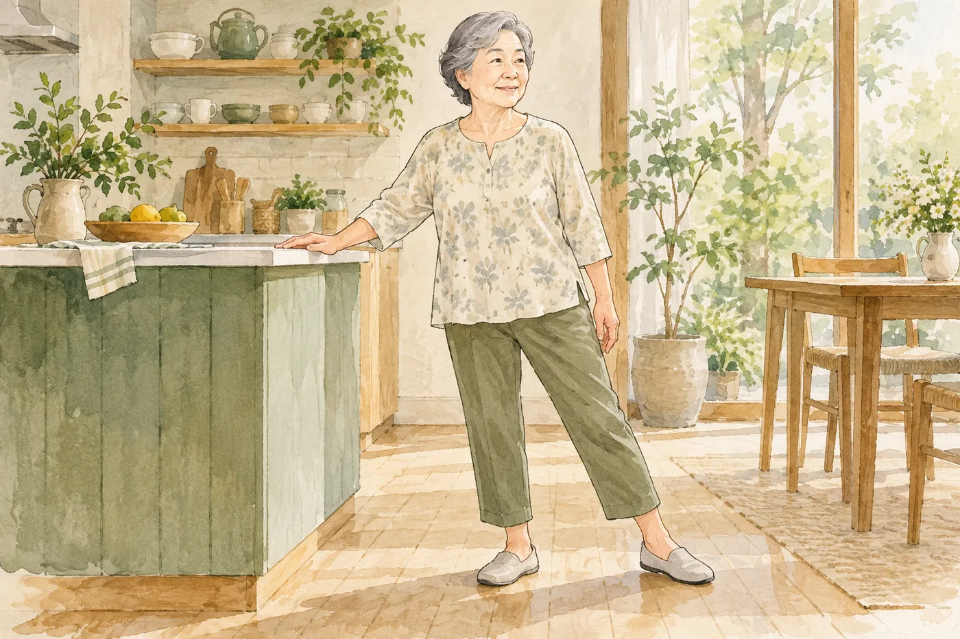 キッチンカウンターに手を添え、片足へゆっくり体重を移す70歳前後の女性のイラスト。
