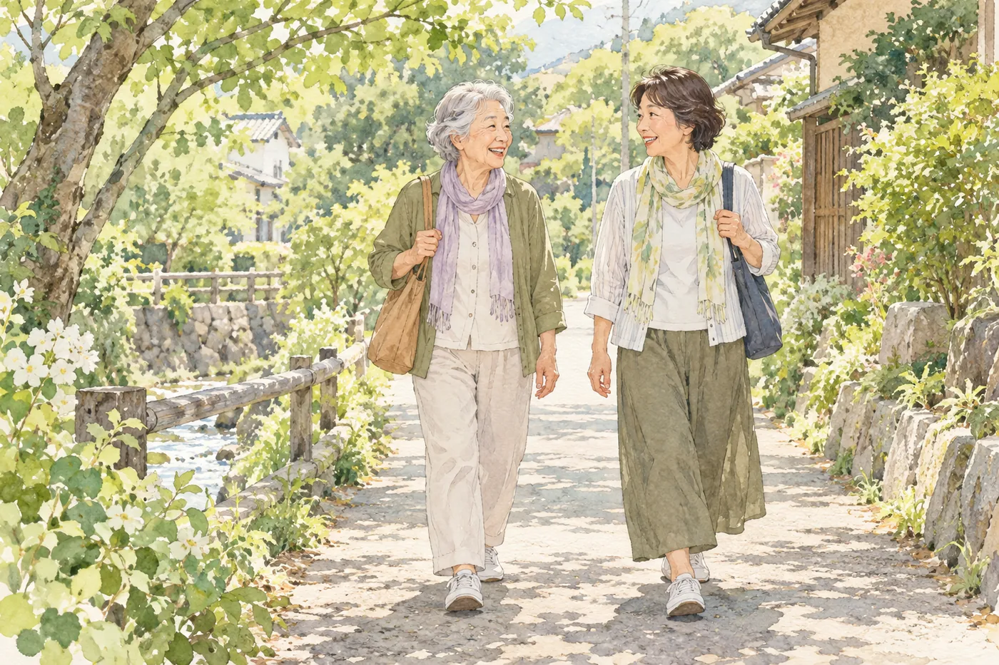 緑のある道を、自分のペースで並んで歩く60代と70代の女性のイラスト。