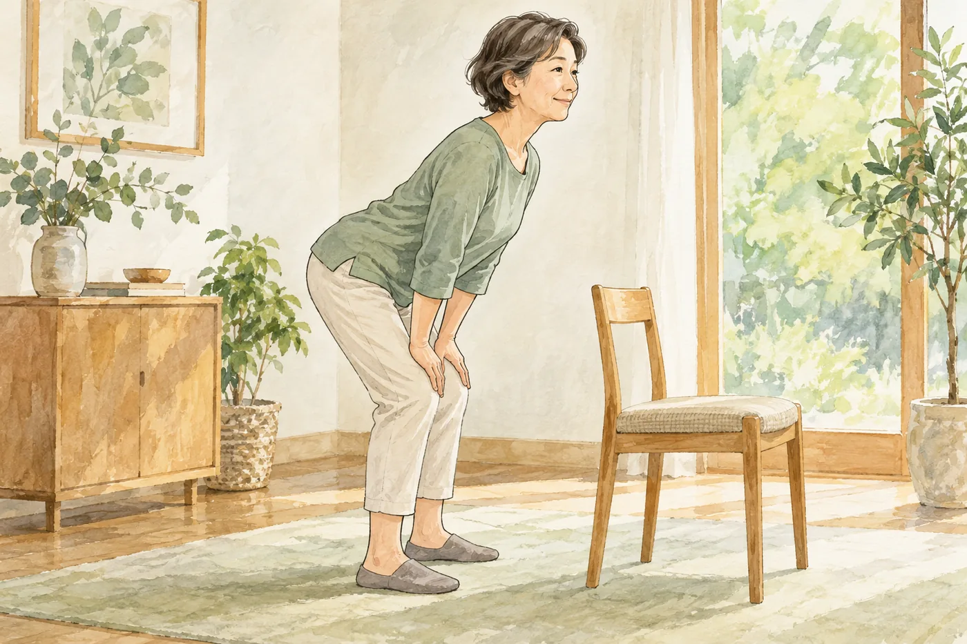 椅子に手を添え、膝をゆるめてお尻を後ろへ引く女性のイラスト。