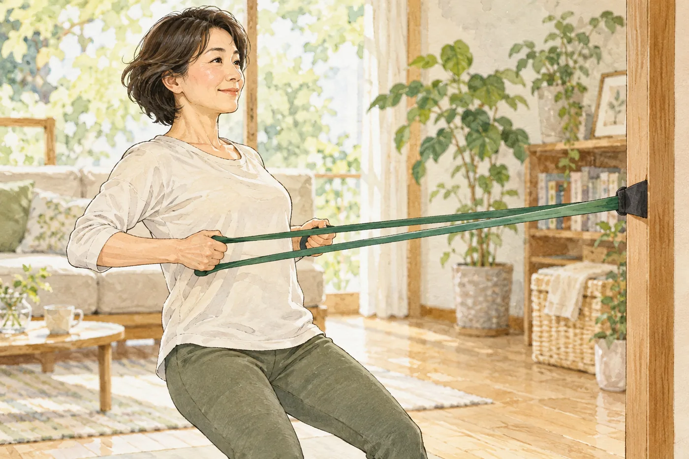 セラバンドを使い、肘を後ろへ引く動きをする50歳前後の女性のイラスト。