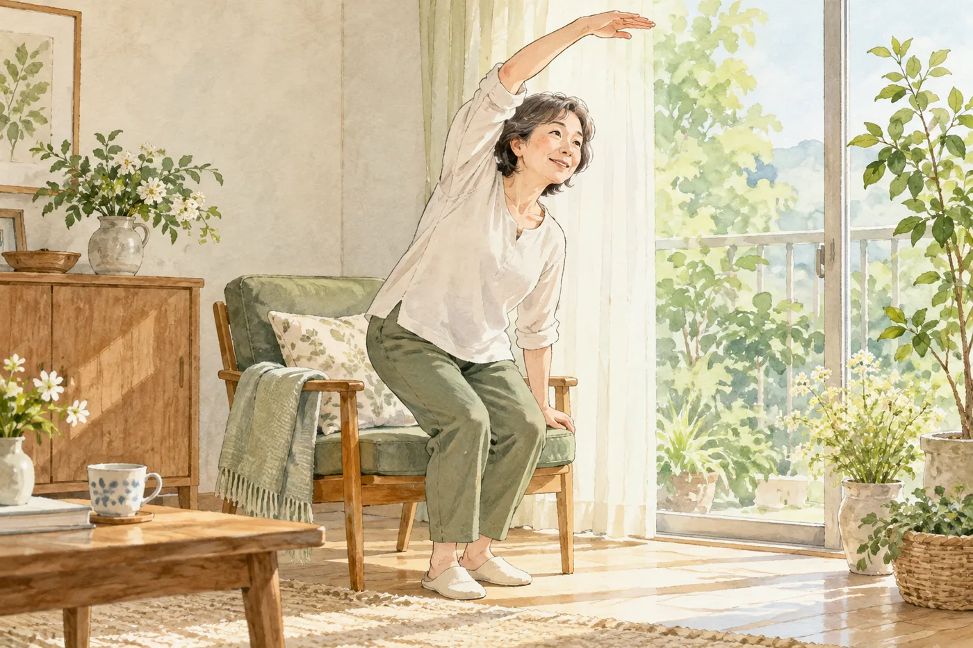 明るい窓辺で椅子から立ち上がり、軽く腕を伸ばす女性のイラスト。