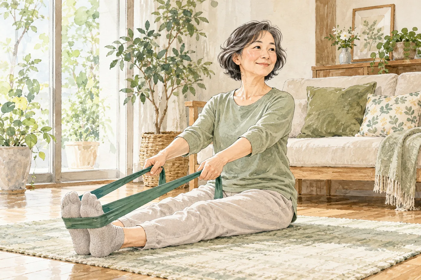 明るい室内でセラバンドを使い、軽い運動をする50代後半の女性のイラスト。