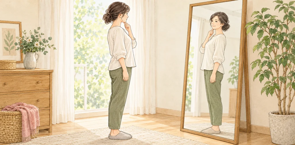 鏡の前で立ち姿を確認する女性