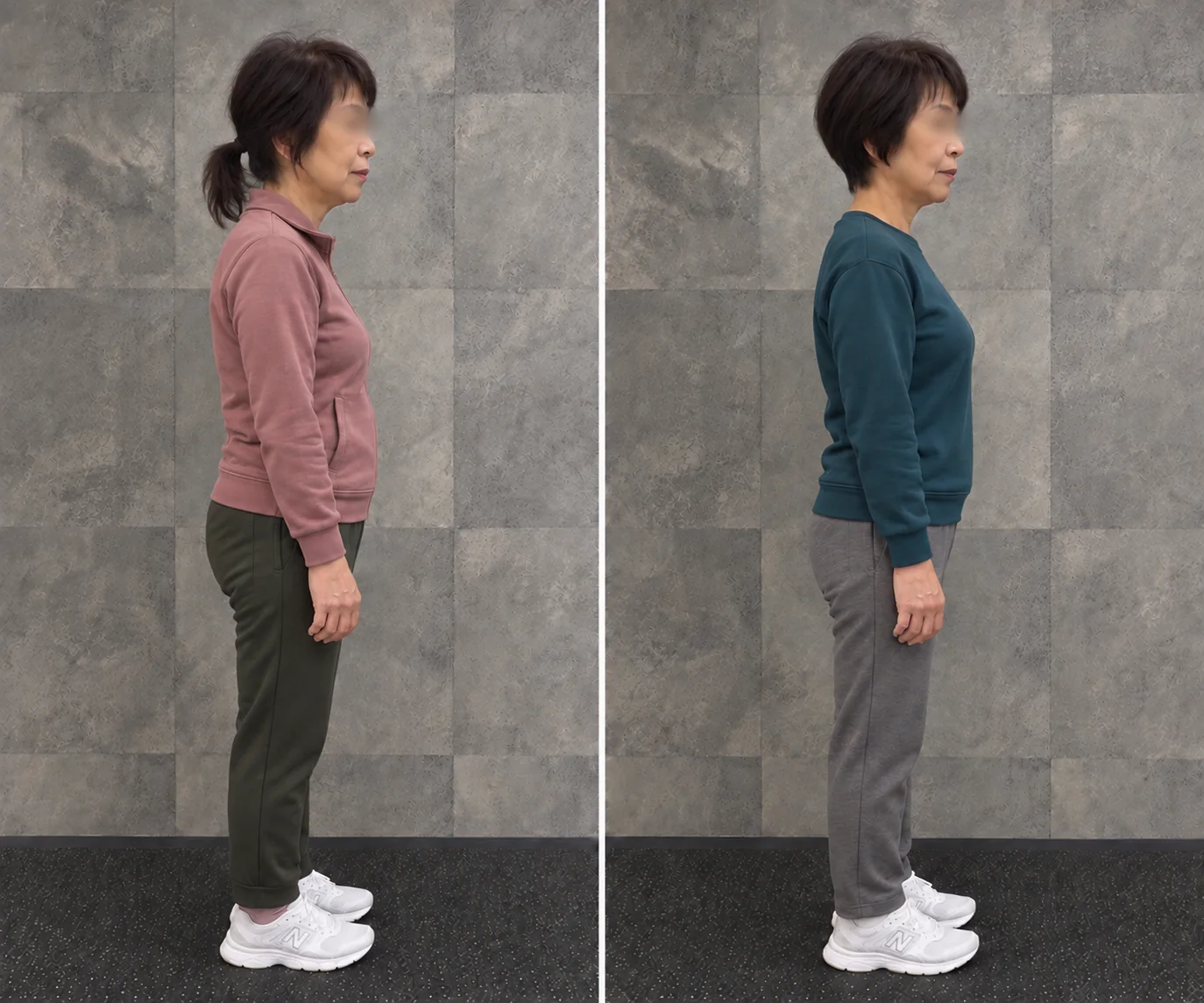同じ女性の横向きの立ち姿を並べた比較写真