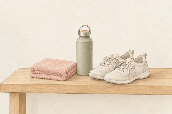 タオル、水筒、室内用シューズのイラスト
