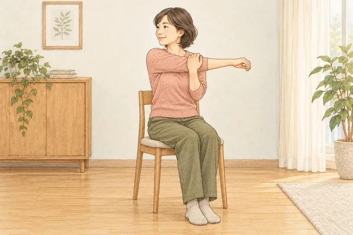 椅子に座って無理なく肩を伸ばす女性のイラスト